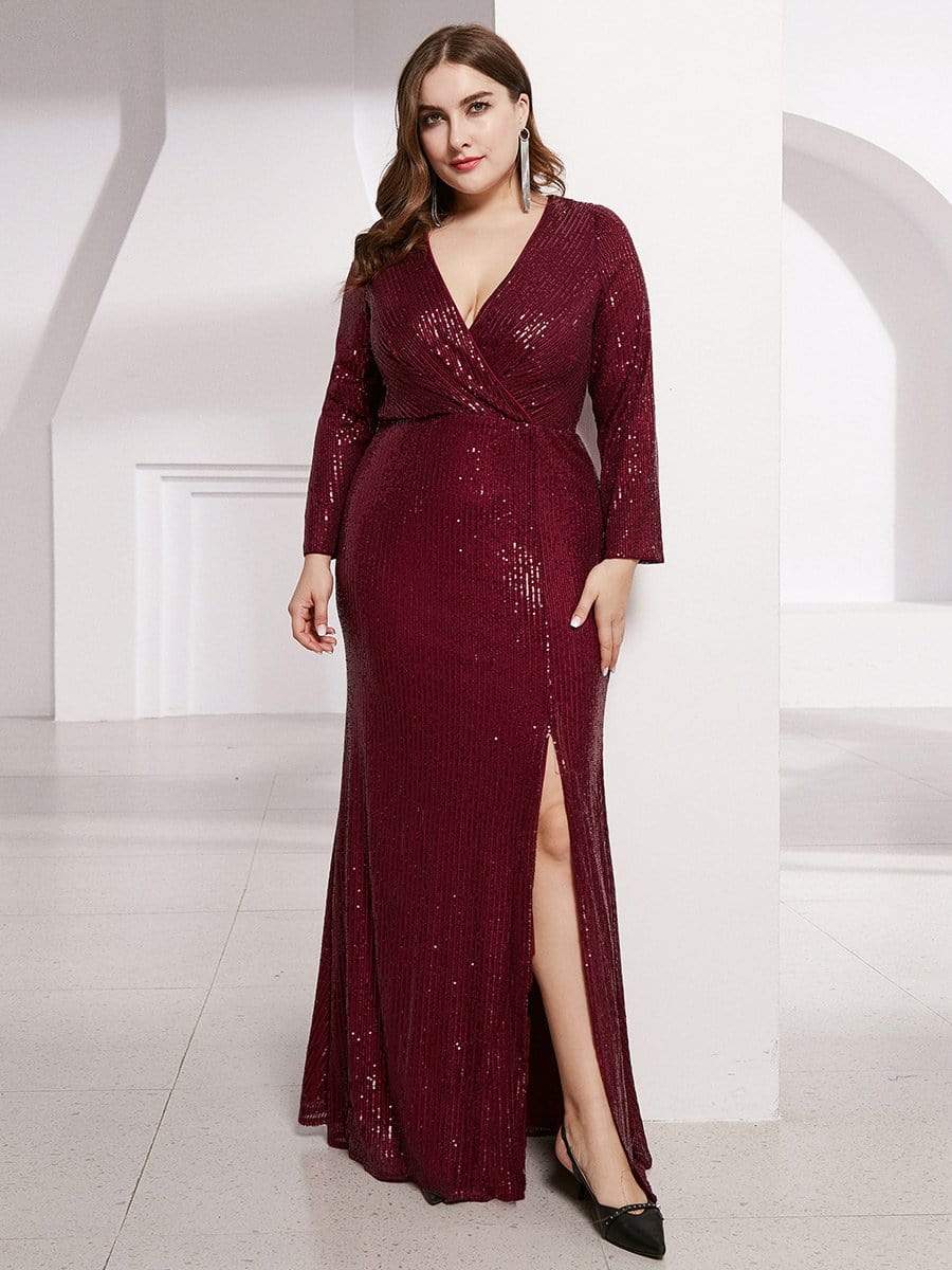 Shiny V Neck Plus Size Sequin Evening Party Dress with Long Sleeve #color_Burgundy