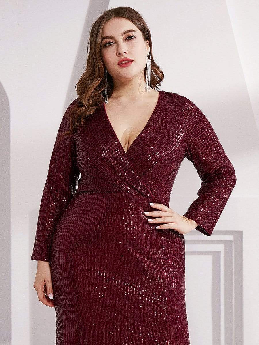 Shiny V Neck Plus Size Sequin Evening Party Dress with Long Sleeve #color_Burgundy