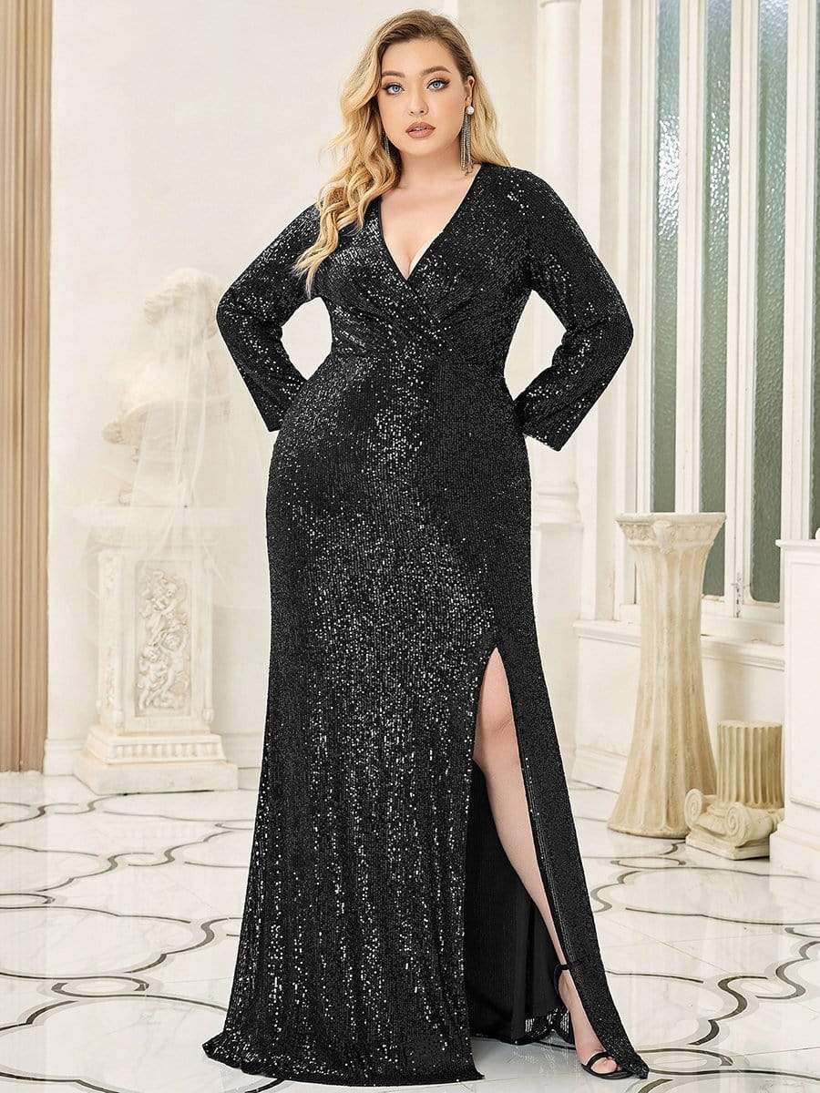 Shiny V Neck Plus Size Sequin Evening Party Dress with Long Sleeve #color_Black