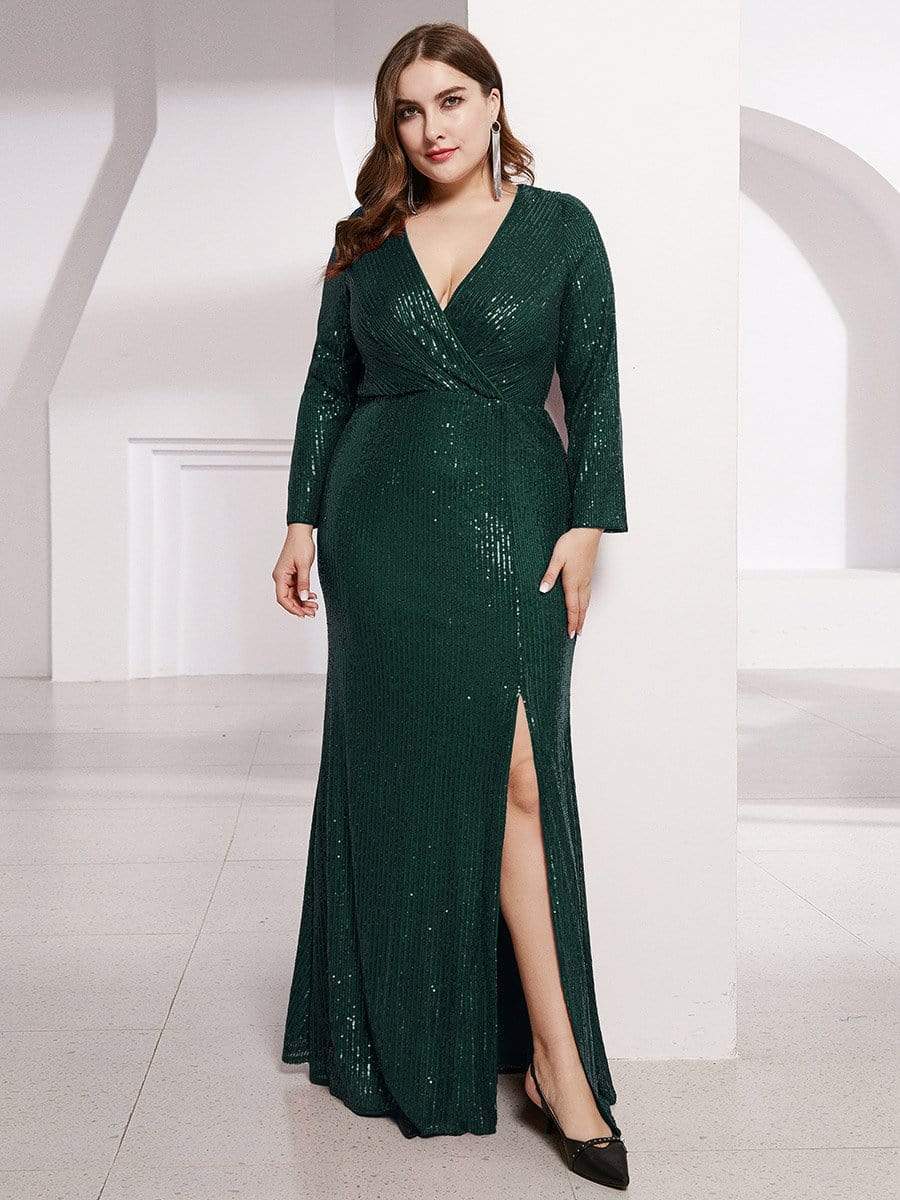 Shiny V Neck Plus Size Sequin Evening Party Dress with Long Sleeve #color_Dark Green