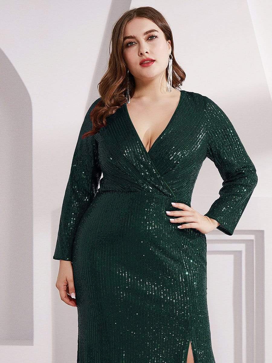 Shiny V Neck Plus Size Sequin Evening Party Dress with Long Sleeve #color_Dark Green