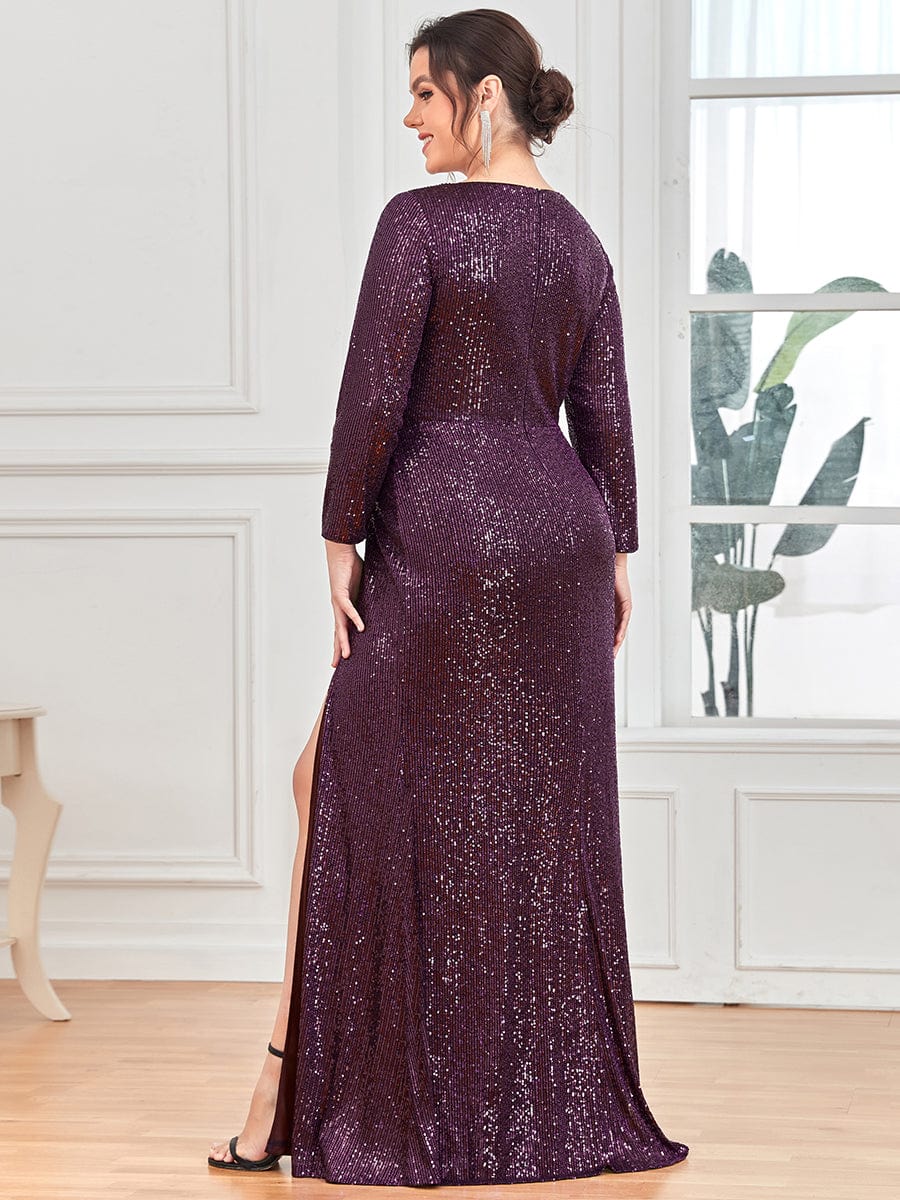 Shiny V Neck Plus Size Sequin Evening Party Dress with Long Sleeve #color_Dark Purple