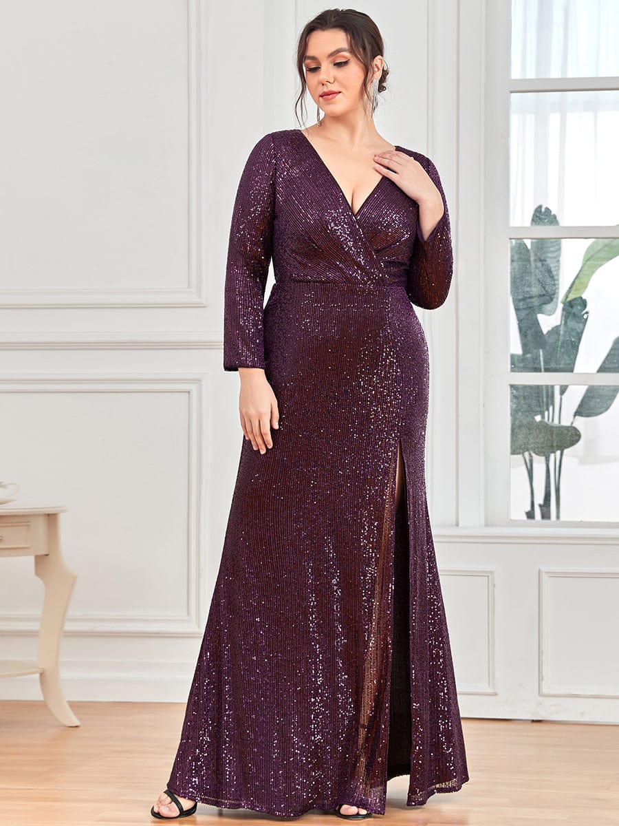 Shiny V Neck Plus Size Sequin Evening Party Dress with Long Sleeve #color_Dark Purple