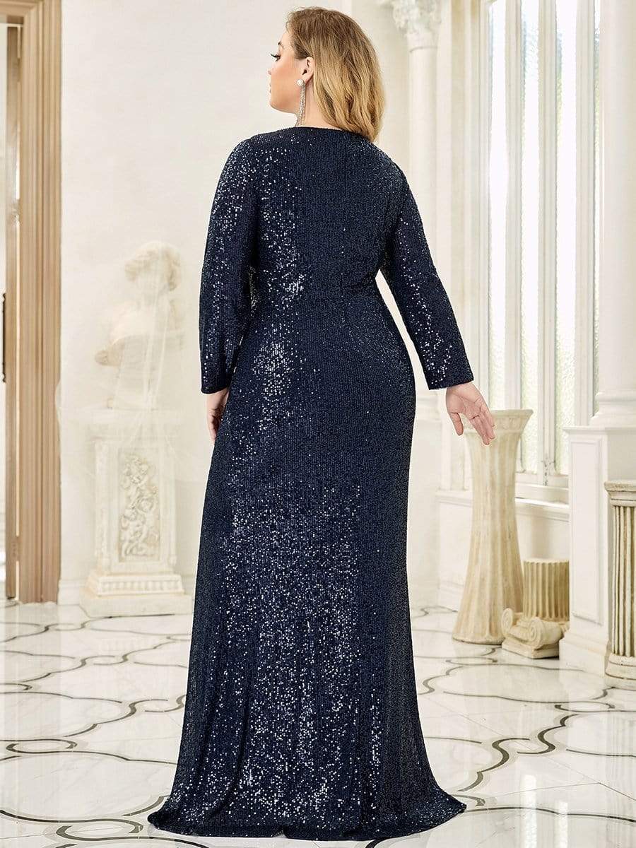 Shiny V Neck Plus Size Sequin Evening Party Dress with Long Sleeve #color_Navy Blue