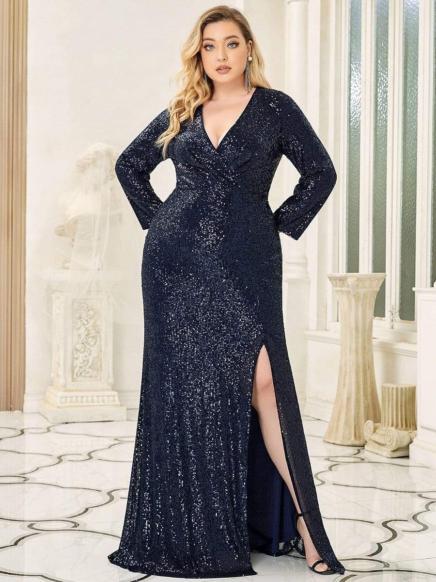 Shiny V Neck Plus Size Sequin Evening Party Dress with Long Sleeve #color_Navy Blue