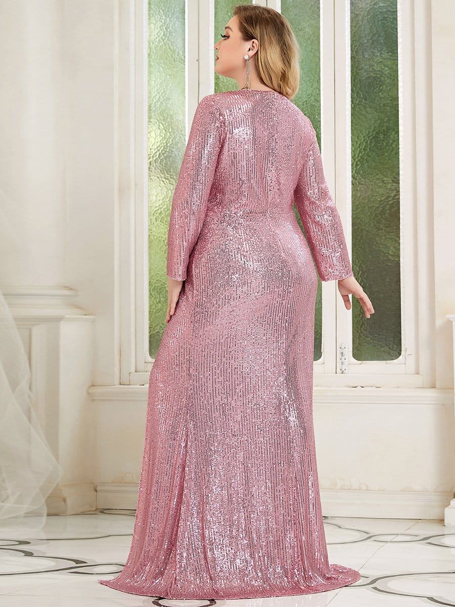 Shiny V Neck Plus Size Sequin Evening Party Dress with Long Sleeve #color_Purple Orchid