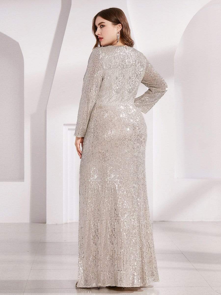 Shiny V Neck Plus Size Sequin Evening Party Dress with Long Sleeve #color_Champagne