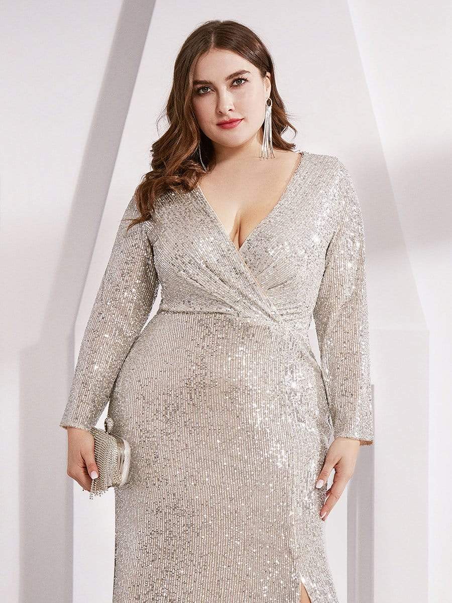 Shiny V Neck Plus Size Sequin Evening Party Dress with Long Sleeve #color_Champagne