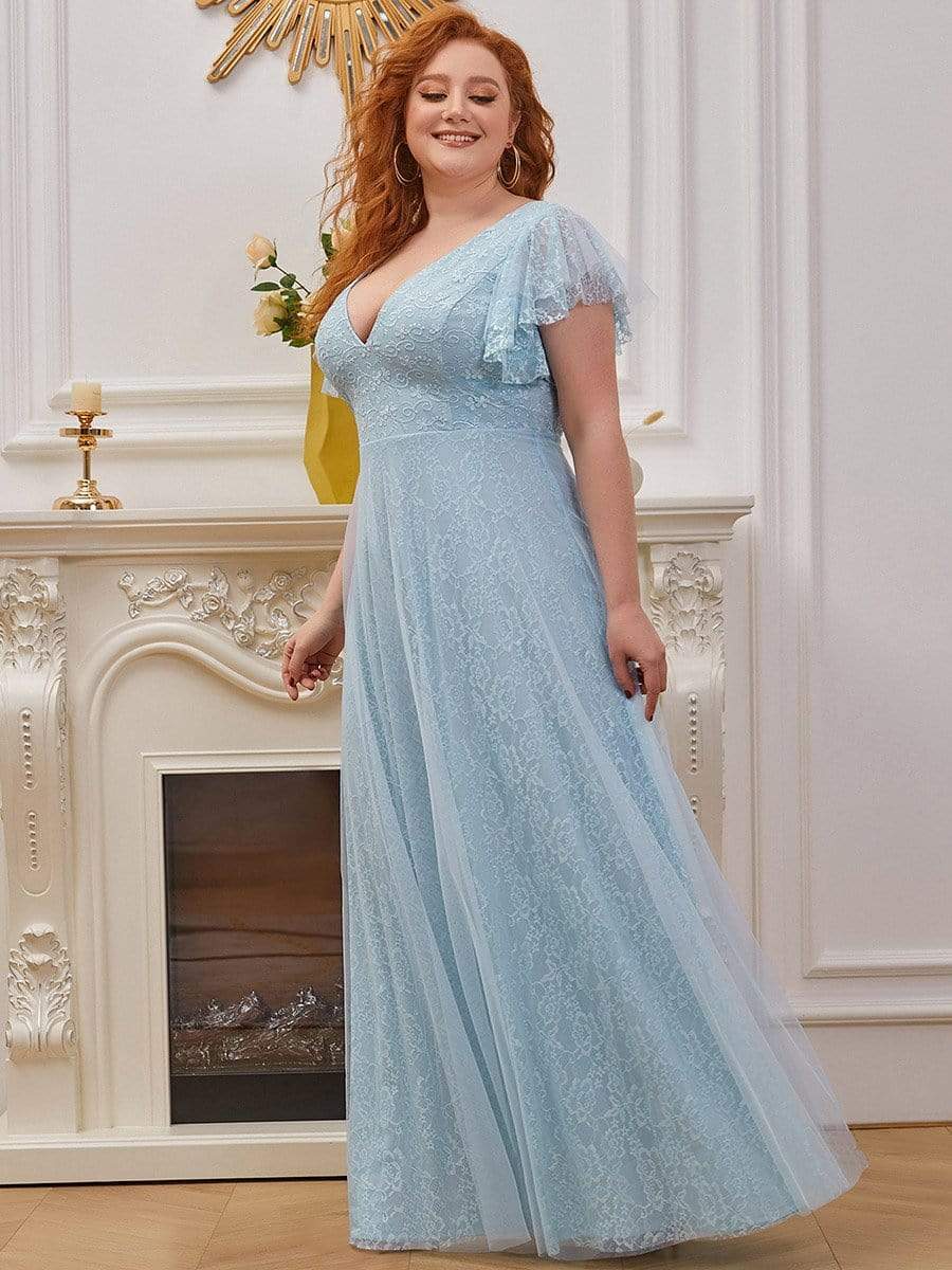 Maxi Long Plus Size Lace Evening Dresses with Ruffle Sleeves #color_Sky Blue