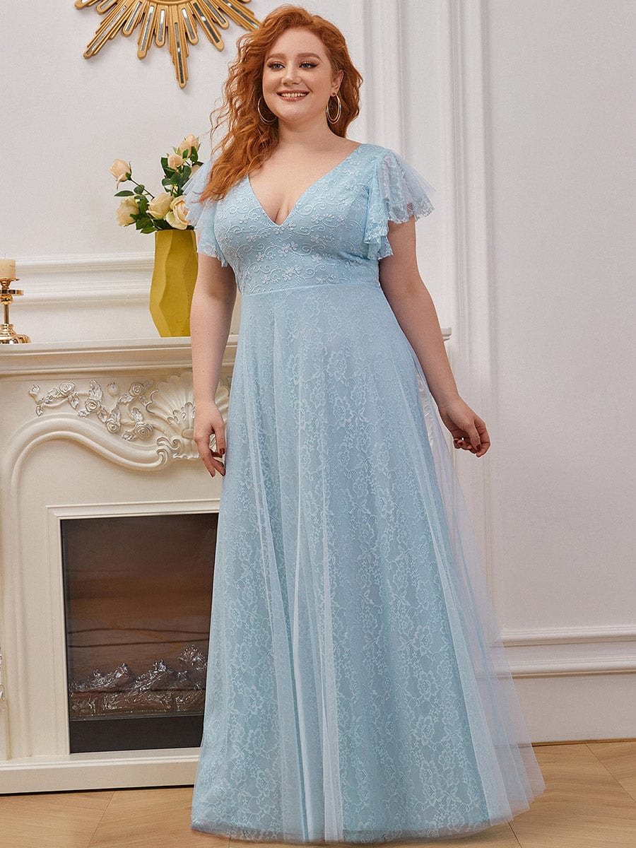 Double V Neck Maxi Long Lace Wedding Dresses with Ruffle Sleeves #color_Sky Blue