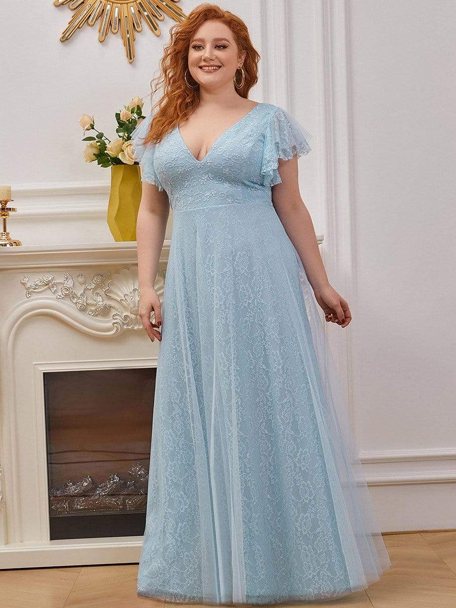 Maxi Long Plus Size Lace Evening Dresses with Ruffle Sleeves #color_Sky Blue