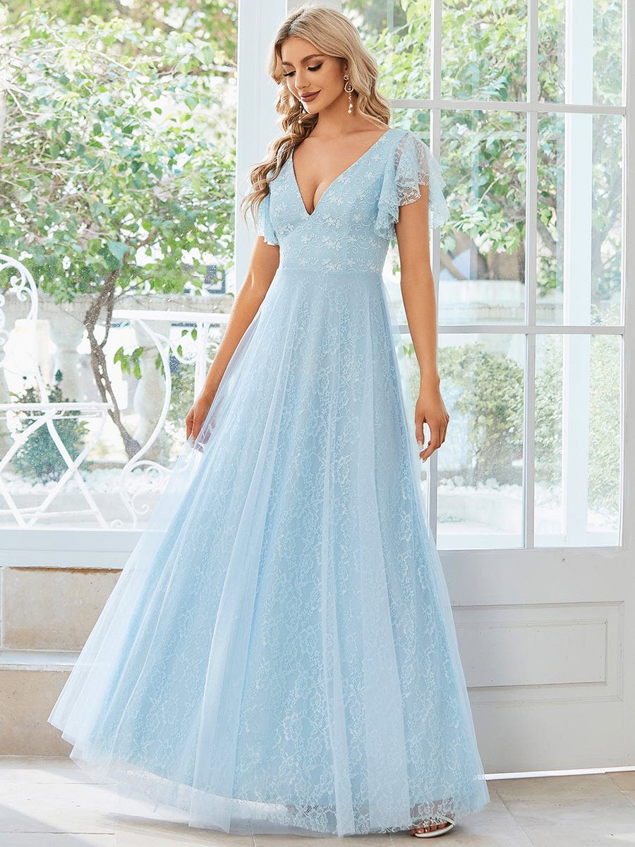 Double V Neck Maxi Long Lace Wedding Dresses with Ruffle Sleeves #color_Sky Blue