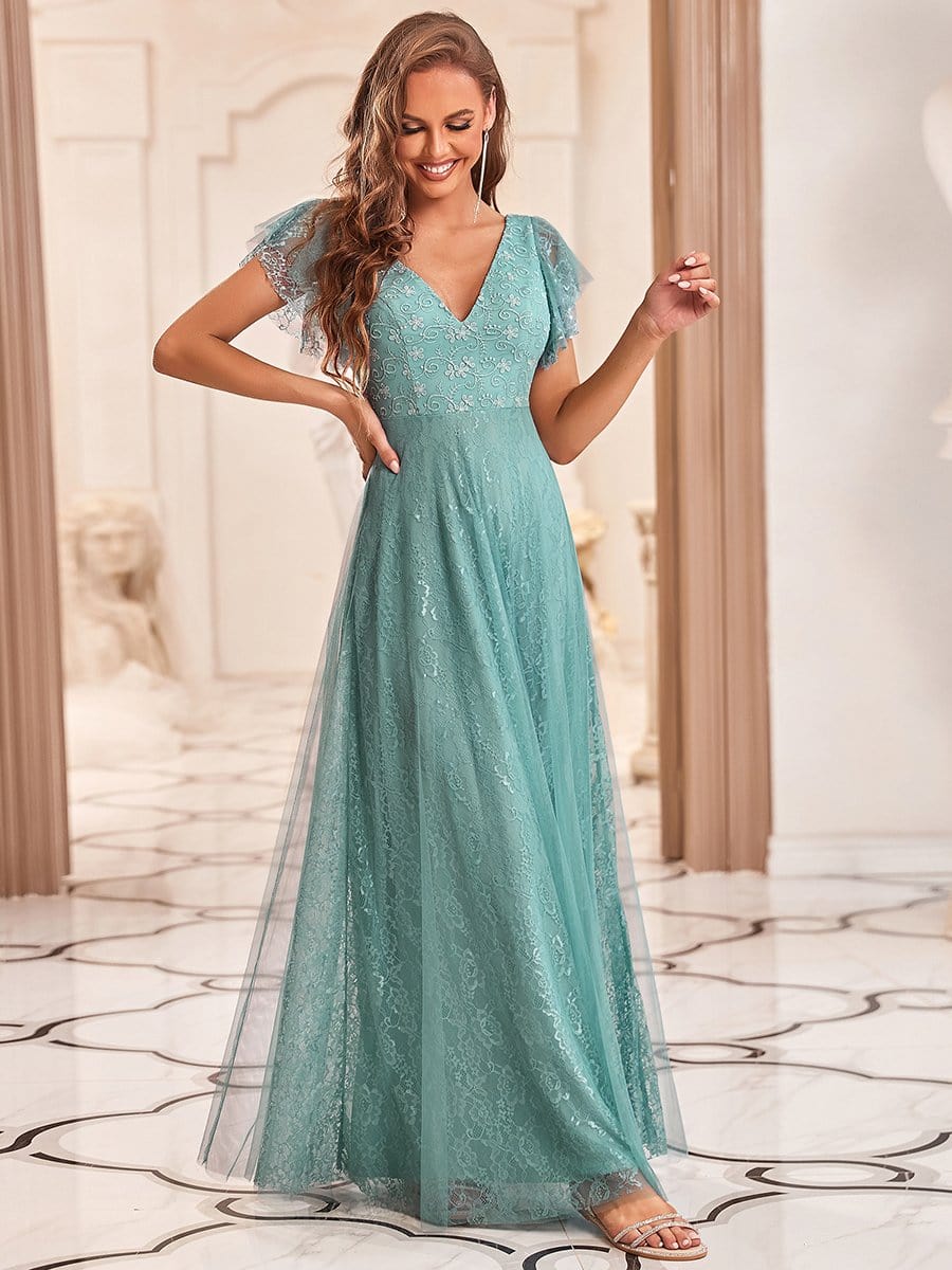 Double V Neck Maxi Long Lace Wedding Dresses with Ruffle Sleeves #color_Dusty Blue