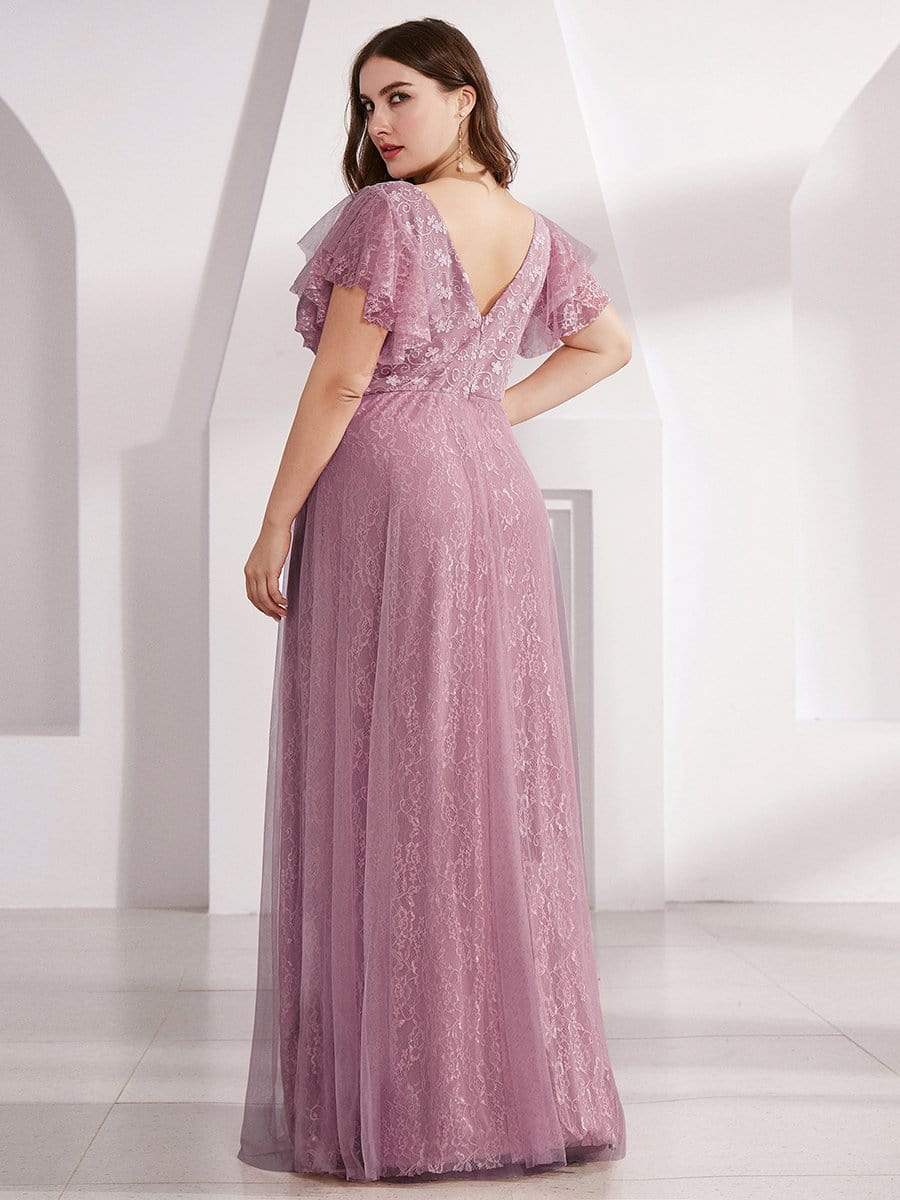 Double V Neck Maxi Long Lace Wedding Dresses with Ruffle Sleeves #color_Purple Orchid