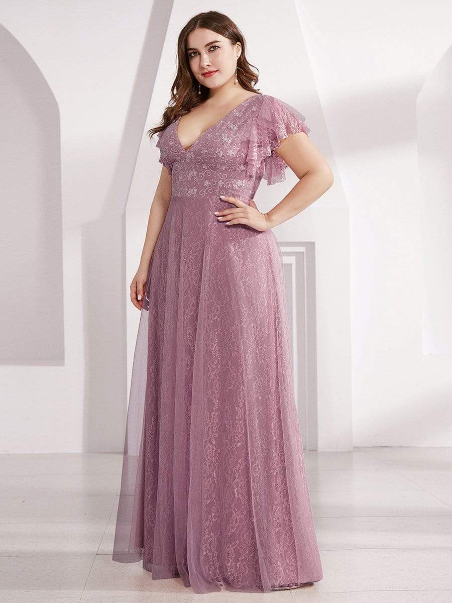 Maxi Long Plus Size Lace Evening Dresses with Ruffle Sleeves #color_Purple Orchid