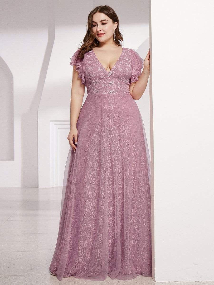 Maxi Long Plus Size Lace Evening Dresses with Ruffle Sleeves #color_Purple Orchid