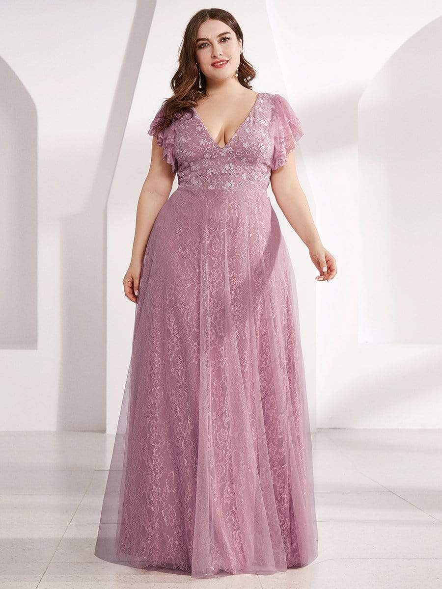 Maxi Long Plus Size Lace Evening Dresses with Ruffle Sleeves #color_Purple Orchid