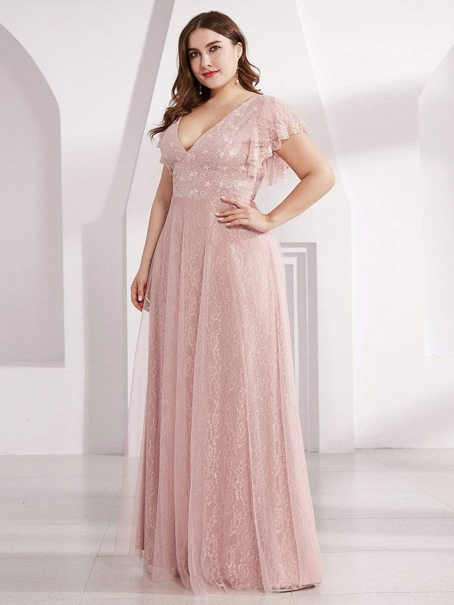 Maxi Long Plus Size Lace Evening Dresses with Ruffle Sleeves #color_Pink