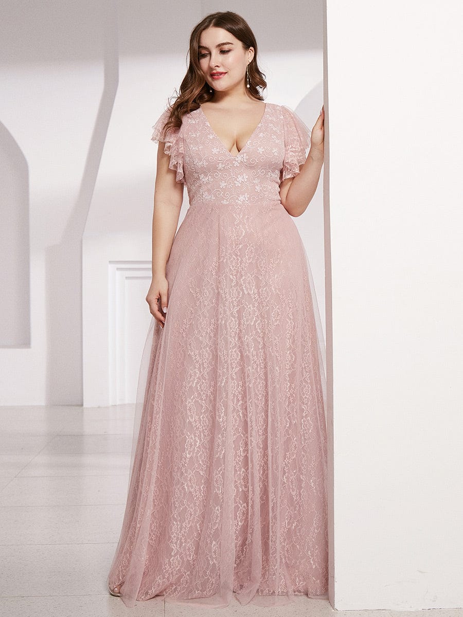 Maxi Long Plus Size Lace Evening Dresses with Ruffle Sleeves #color_Pink