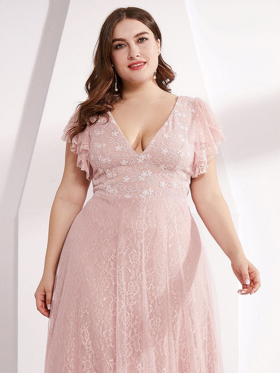 Maxi Long Plus Size Lace Evening Dresses with Ruffle Sleeves #color_Pink