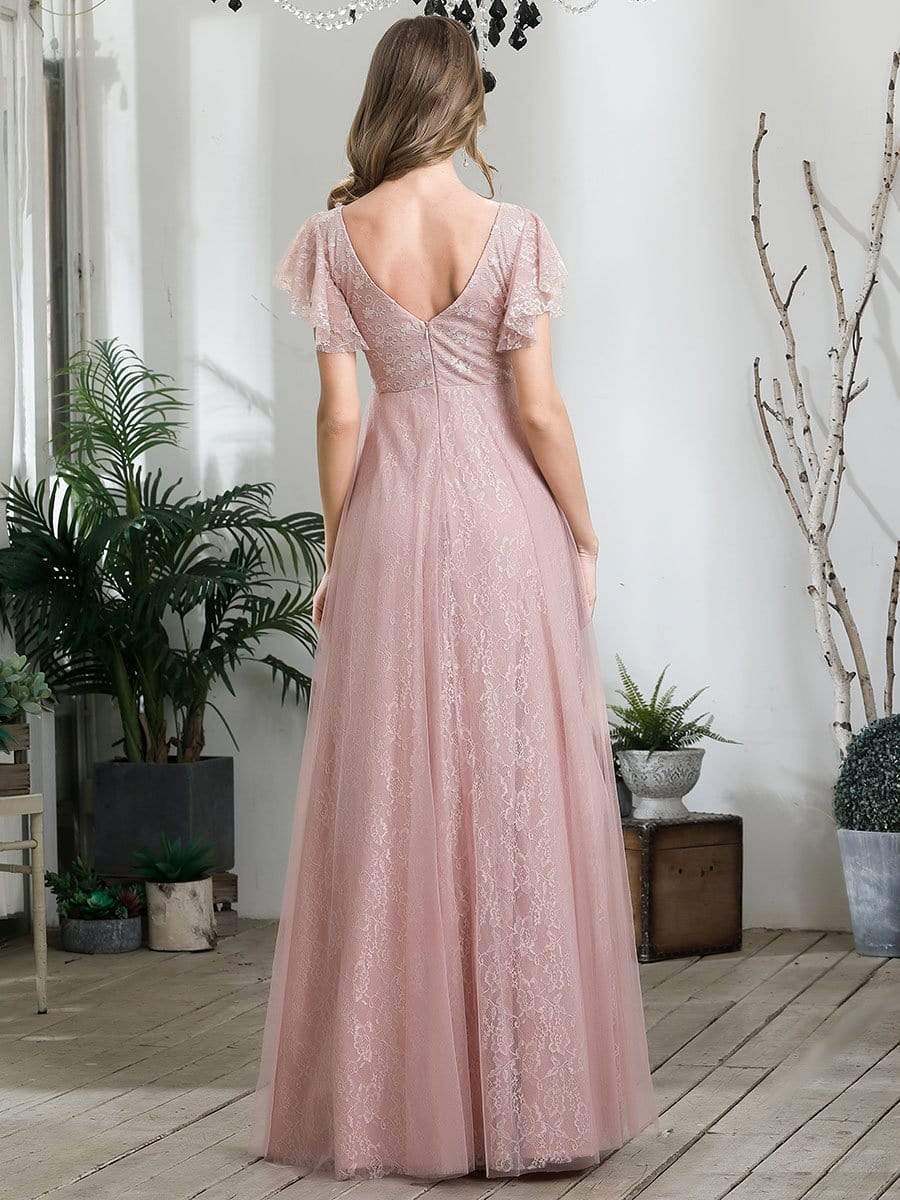 Double V Neck Maxi Long Lace Wedding Dresses with Ruffle Sleeves #color_Pink