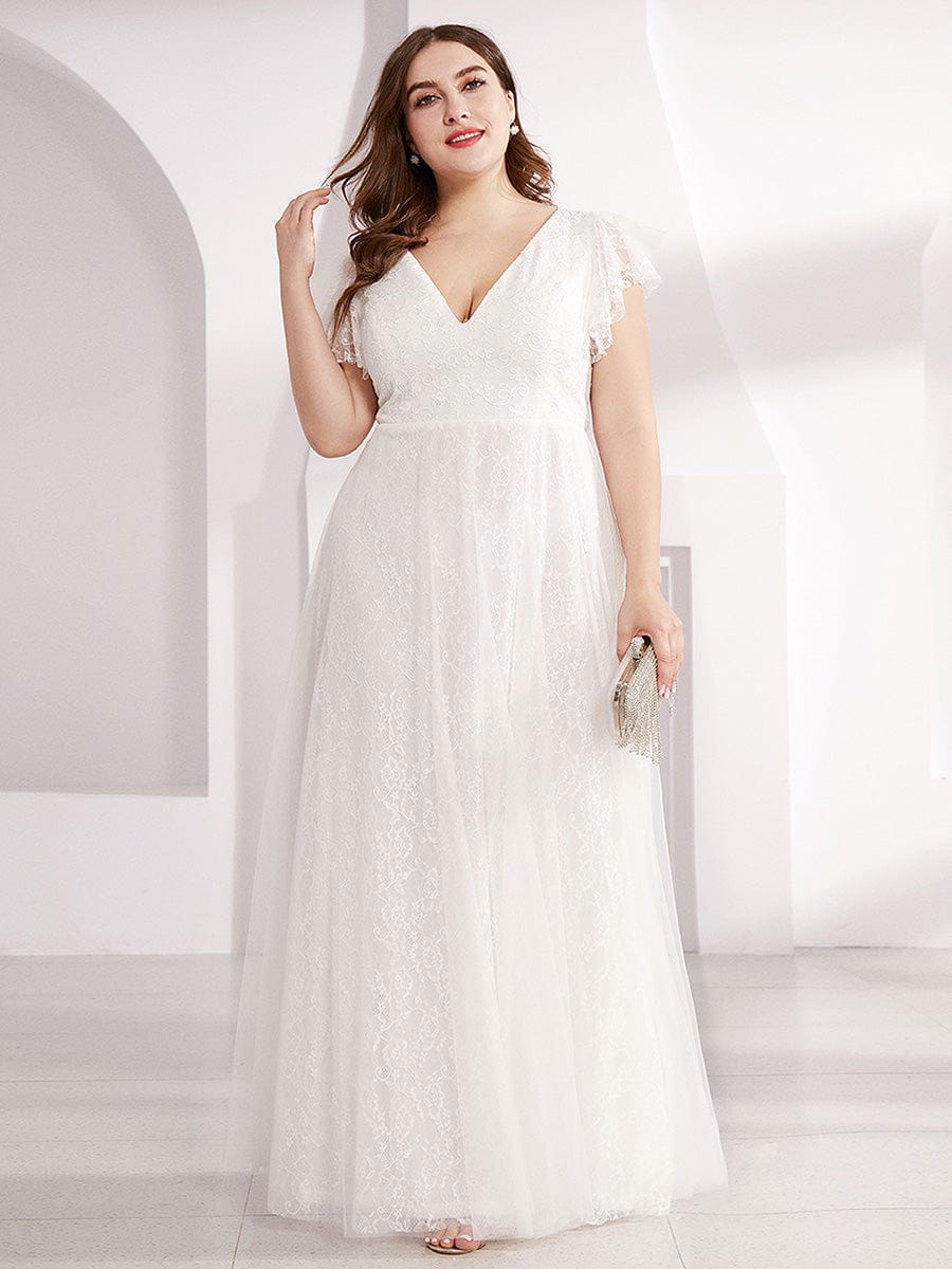 Double V Neck Maxi Long Lace Wedding Dresses with Ruffle Sleeves #color_White