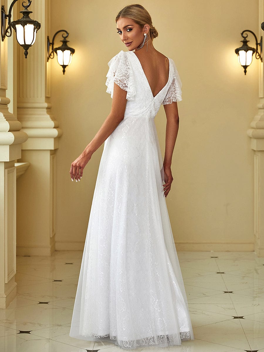 Double V Neck Maxi Long Lace Wedding Dresses with Ruffle Sleeves #color_White