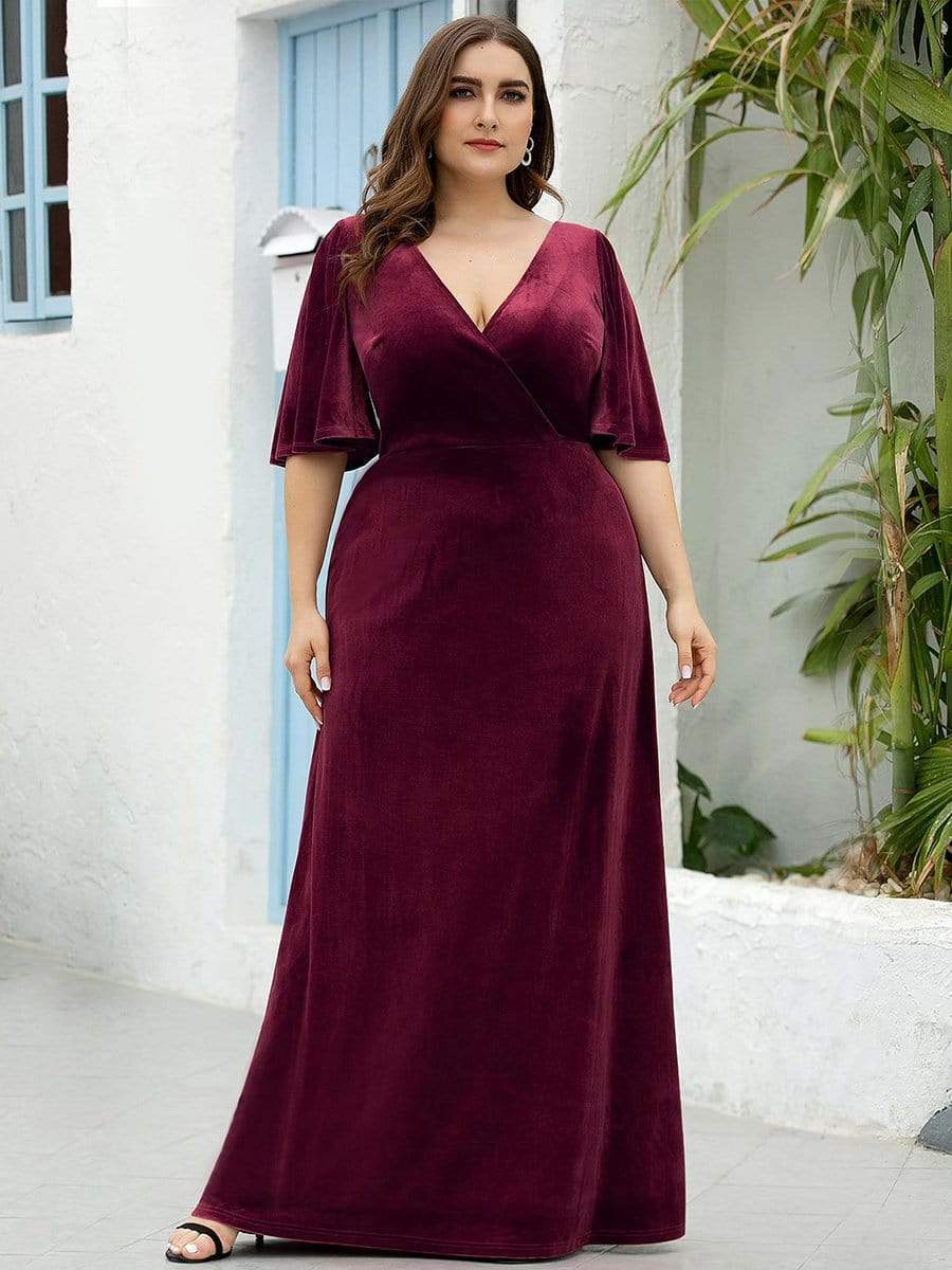 Elegant Double V Neck Velvet Party Dress for Women #color_Burgundy