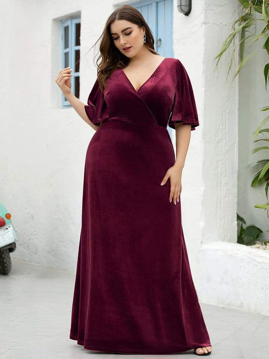 Vintage Plus Size Floor Length Velvet Evening Dress #color_Burgundy