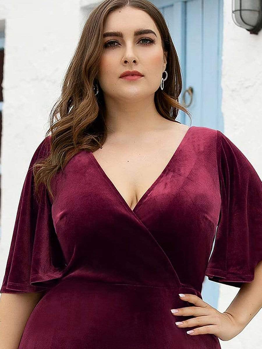 Vintage Plus Size Floor Length Velvet Evening Dress #color_Burgundy