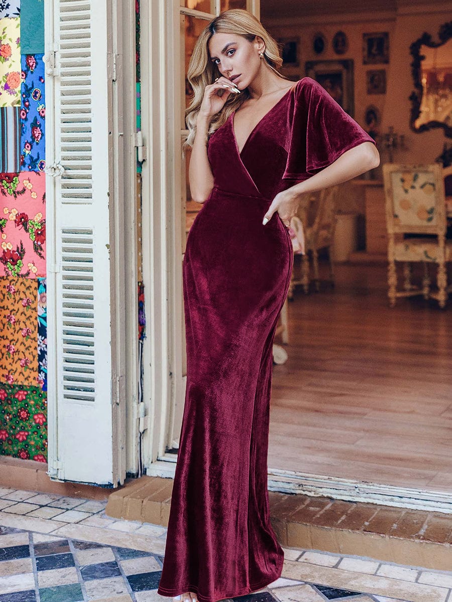 Custom Size Elegant Double V Neck Velvet Bridesmaid Dress #color_Burgundy