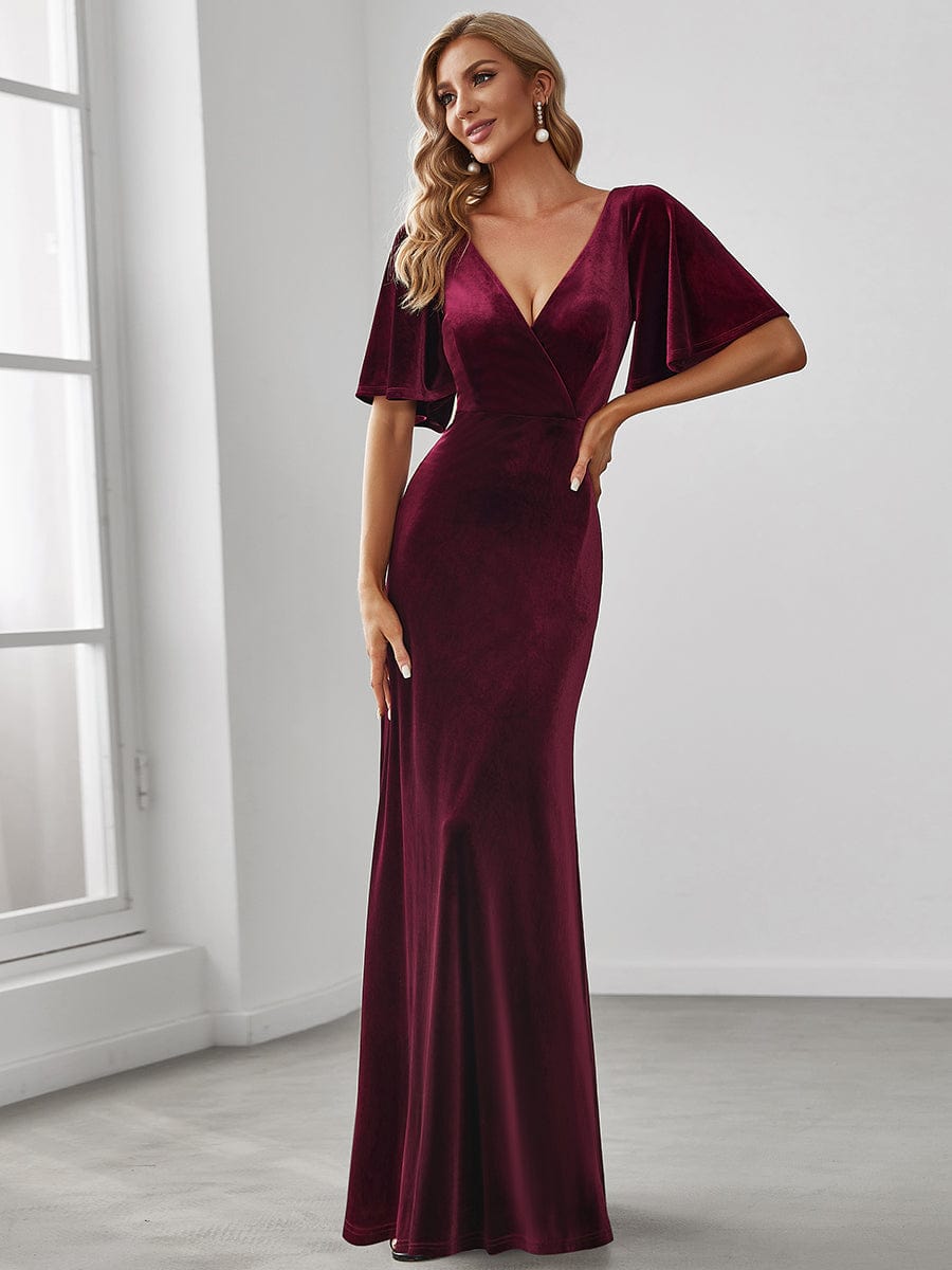 Elegant Double V Neck Velvet Party Dress for Women #color_Burgundy