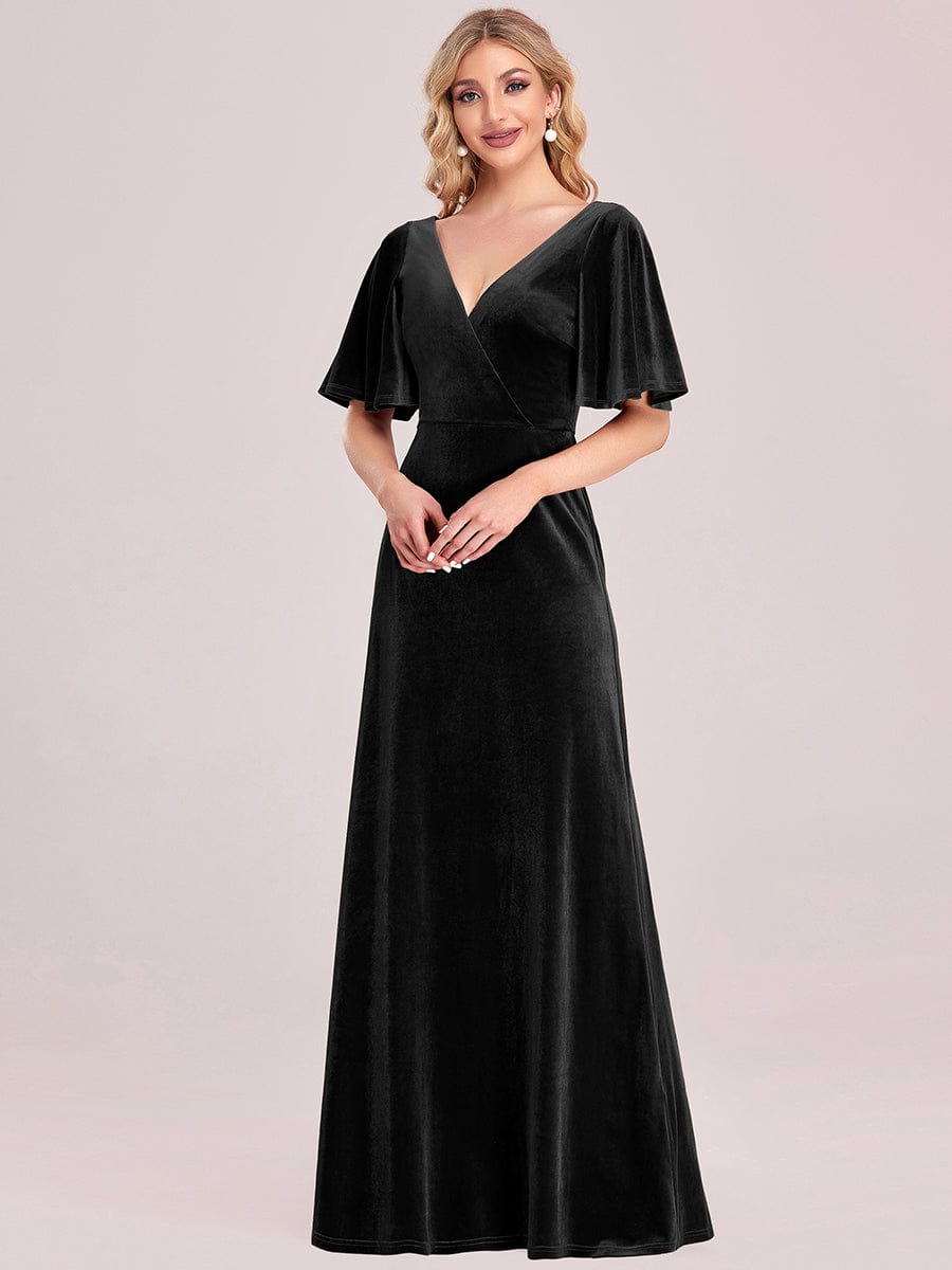 Custom Size Elegant Double V Neck Velvet Bridesmaid Dress #color_Black