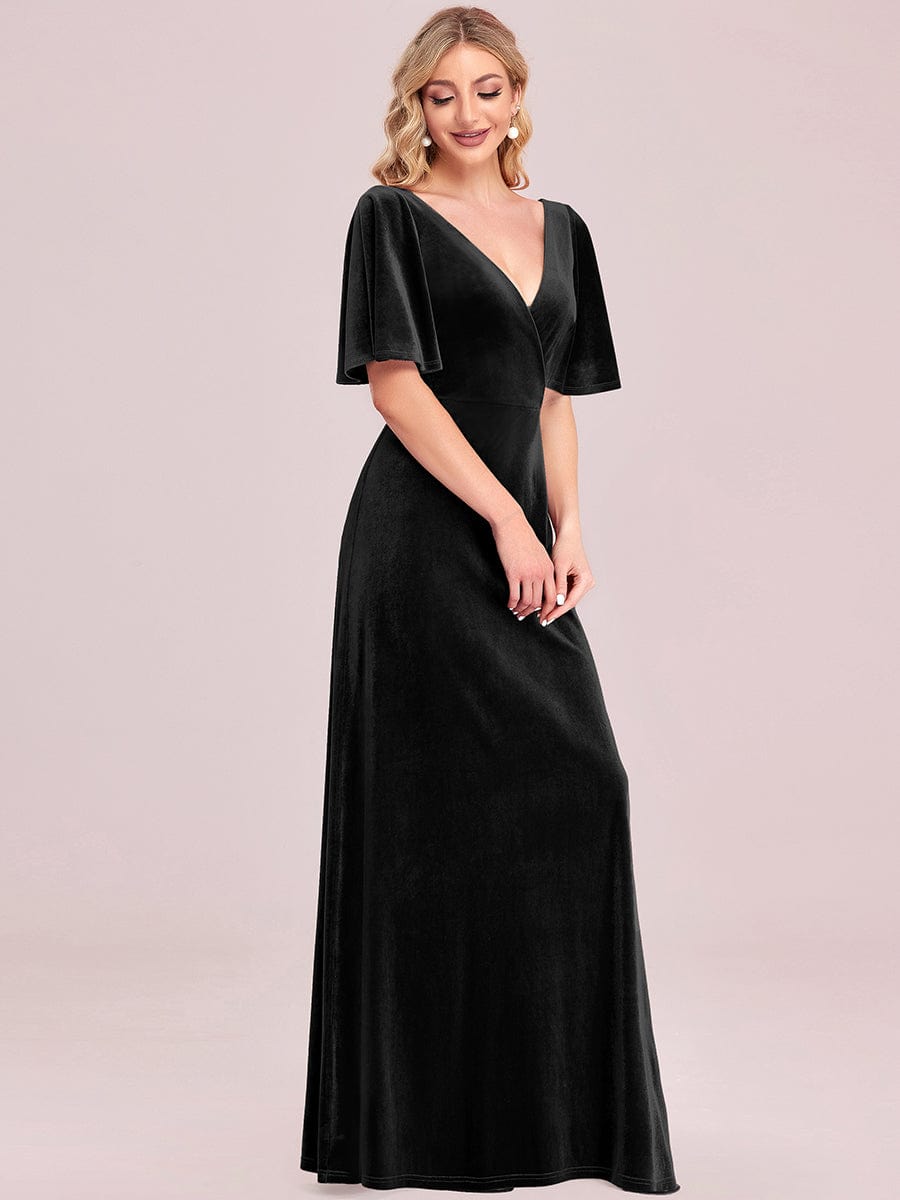 Custom Size Elegant Double V Neck Velvet Bridesmaid Dress #color_Black