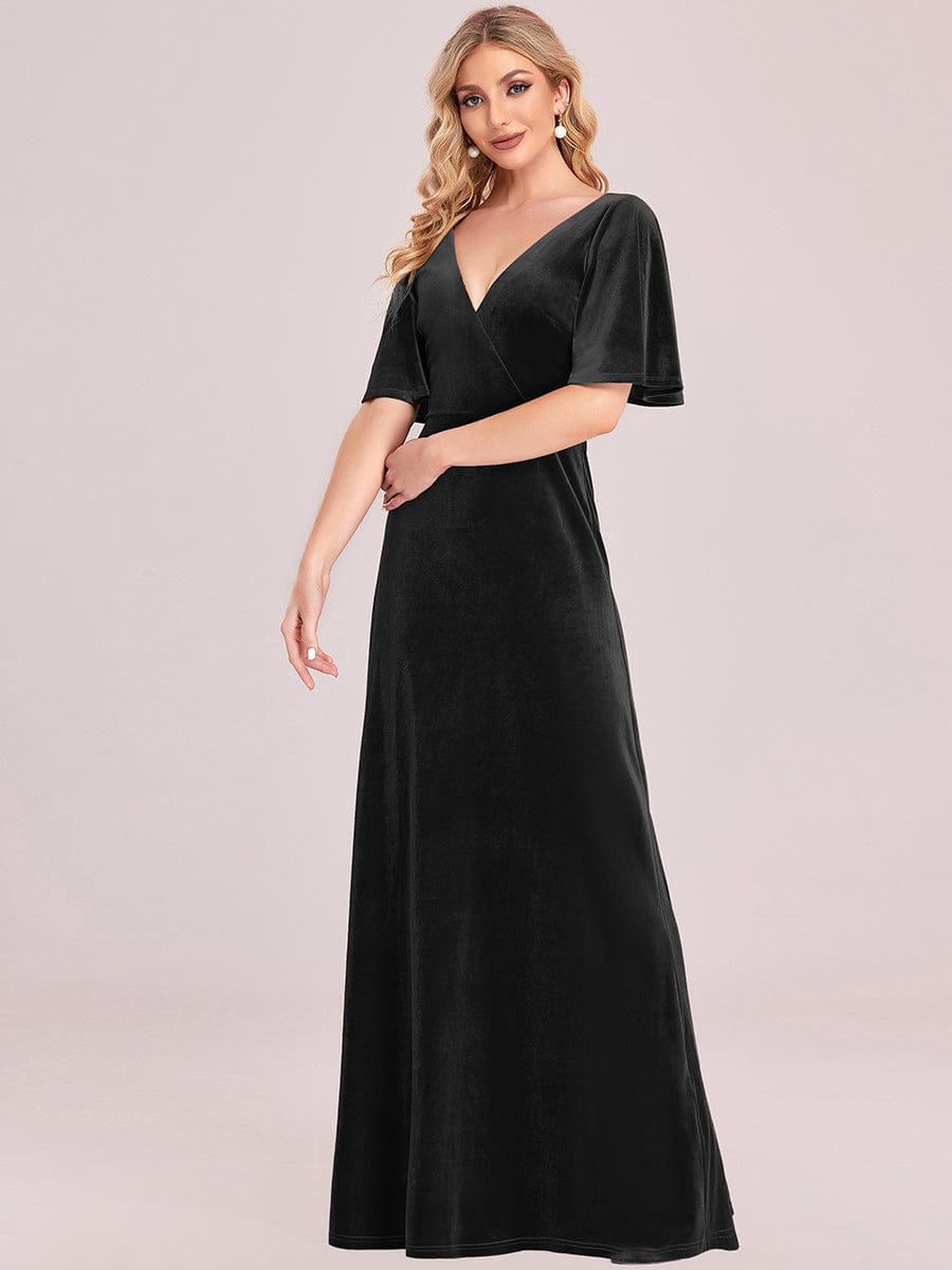 Custom Size Elegant Double V Neck Velvet Bridesmaid Dress #color_Black