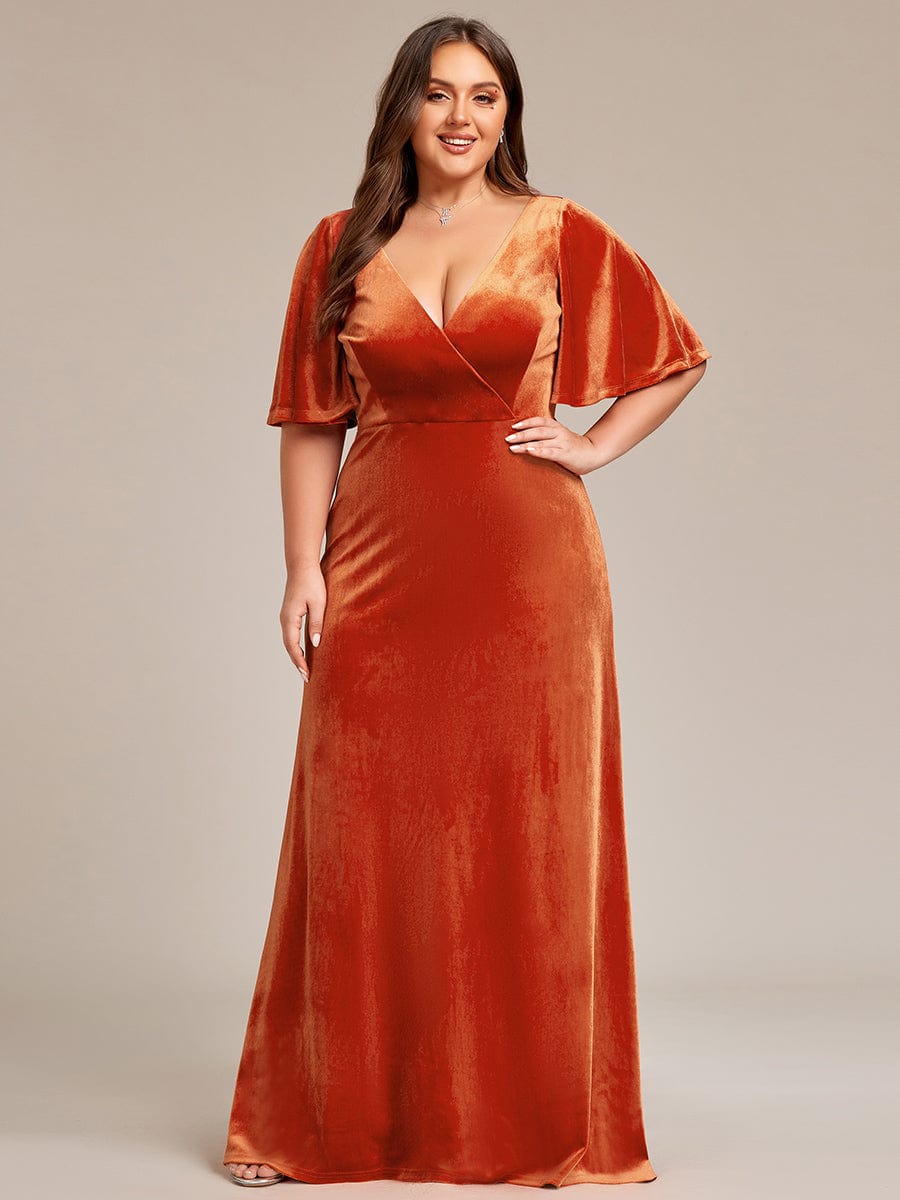 Elegant Double V Neck Velvet Party Dress for Women #color_Burnt Orange