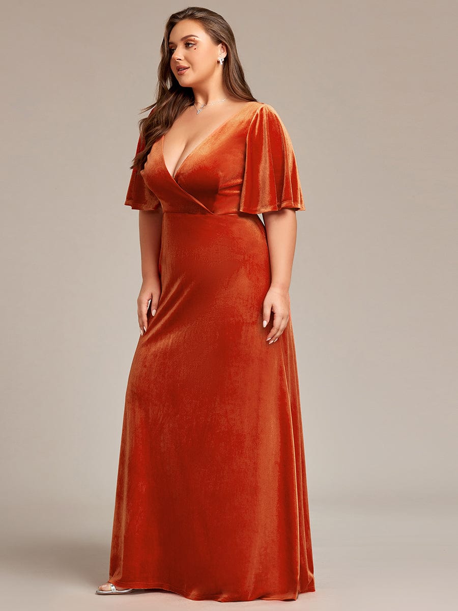 Elegant Double V Neck Velvet Party Dress for Women #color_Burnt Orange