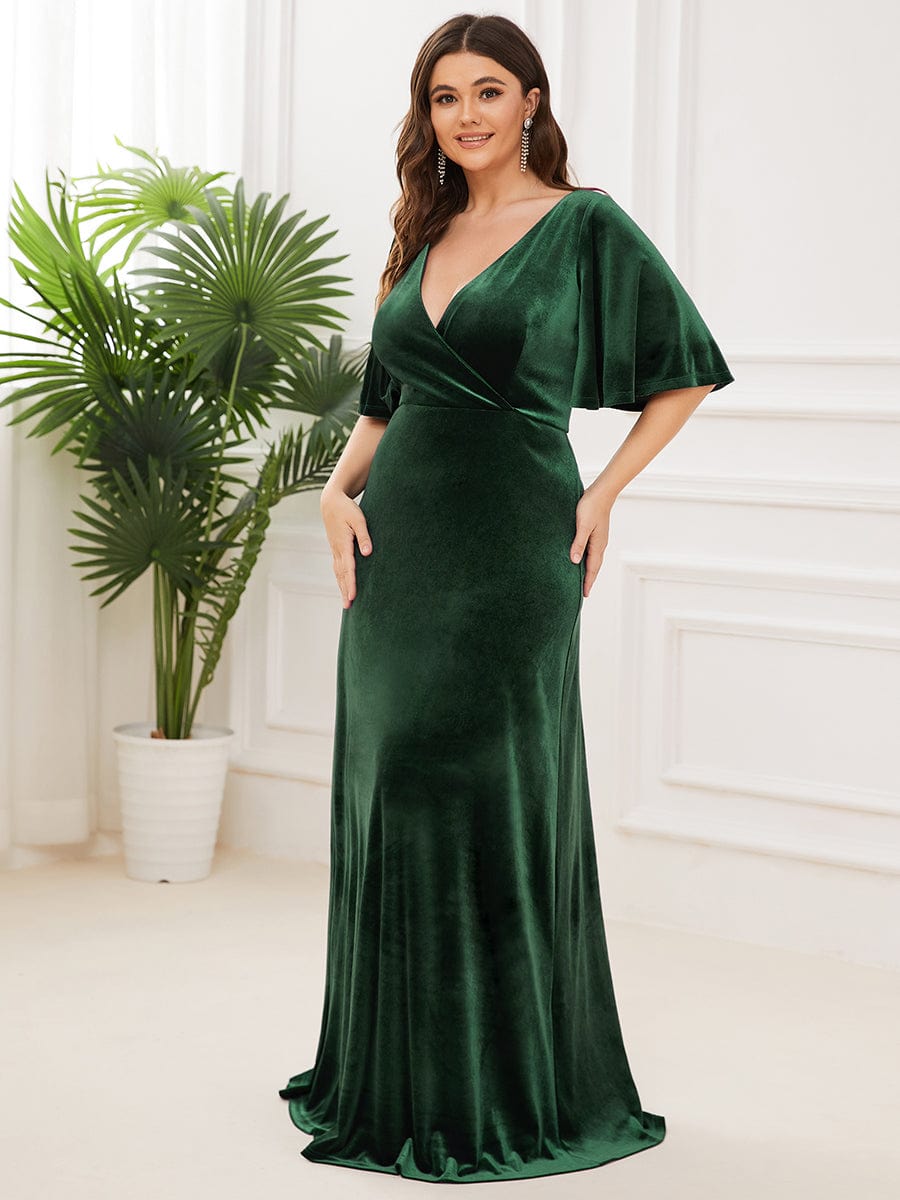 Vintage Plus Size Floor Length Velvet Evening Dress #color_Dark Green