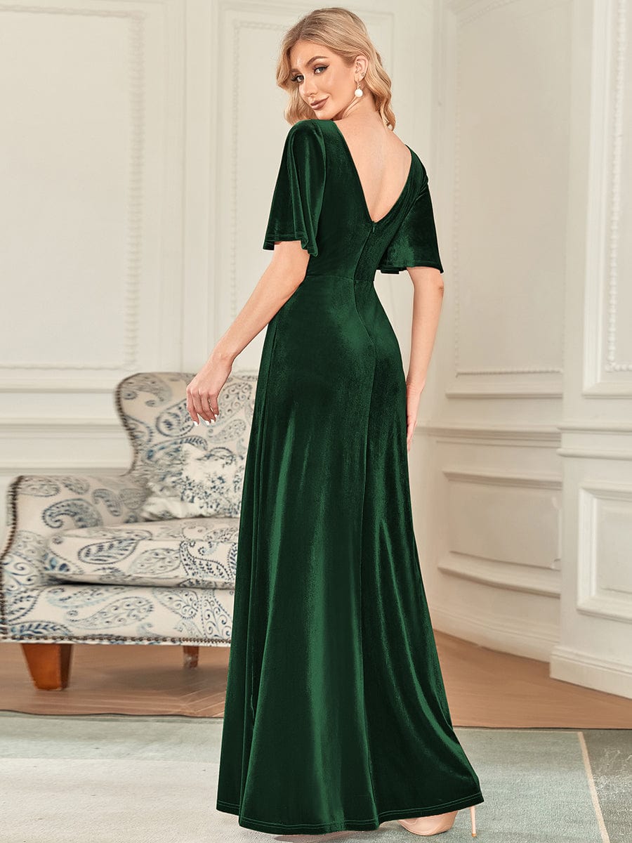 Custom Size Elegant Double V Neck Velvet Bridesmaid Dress #color_Dark Green