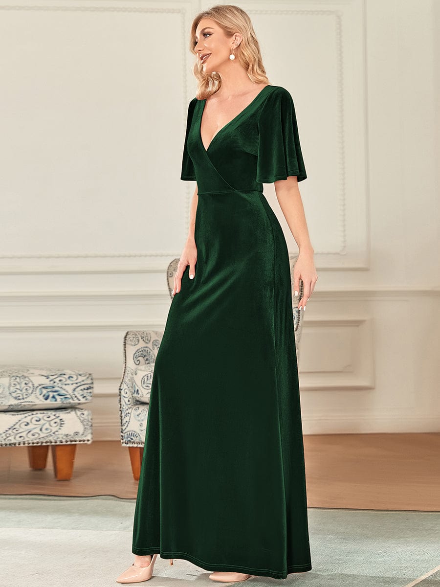 Custom Size Elegant Double V Neck Velvet Bridesmaid Dress #color_Dark Green