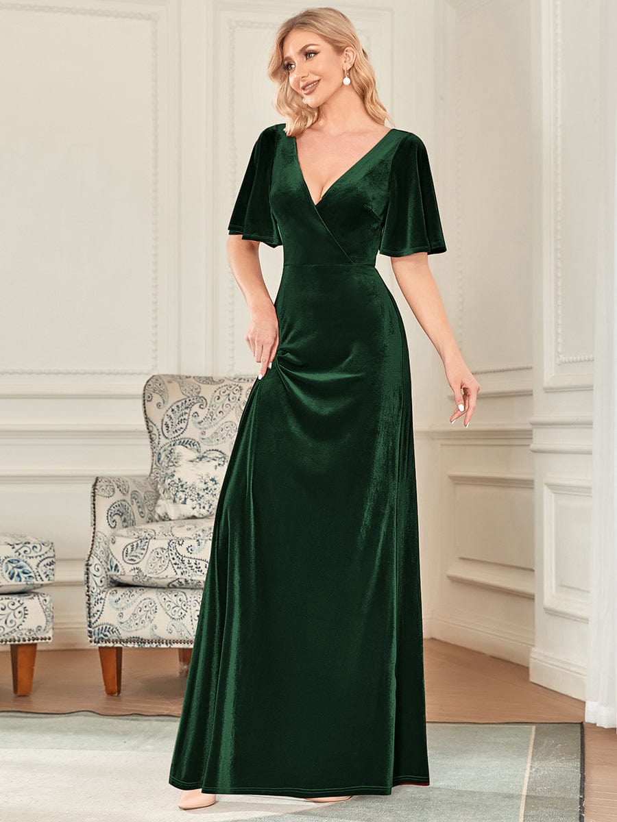 Custom Size Elegant Double V Neck Velvet Bridesmaid Dress #color_Dark Green