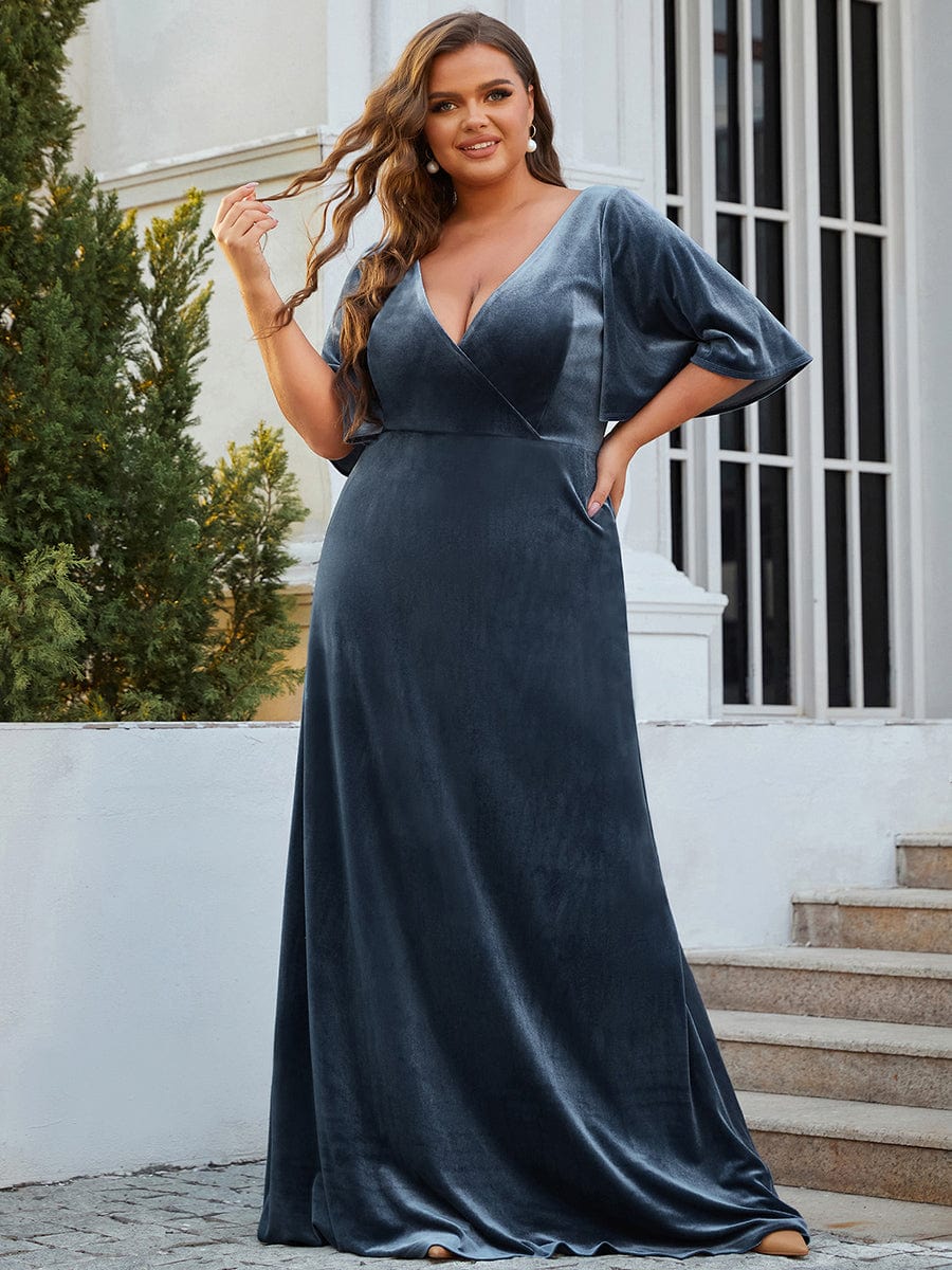 Vintage Plus Size Floor Length Velvet Evening Dress #color_Dusty Navy