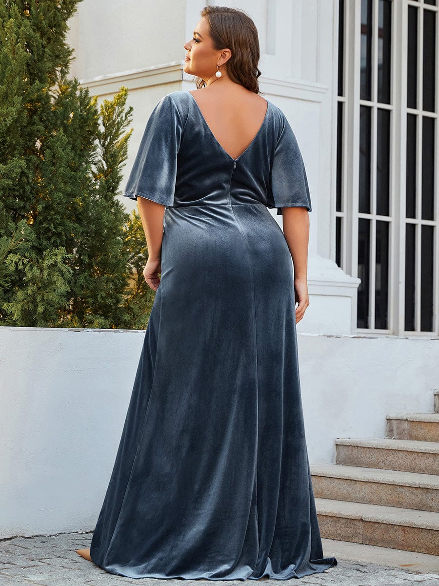 Vintage Plus Size Floor Length Velvet Evening Dress #color_Dusty Navy