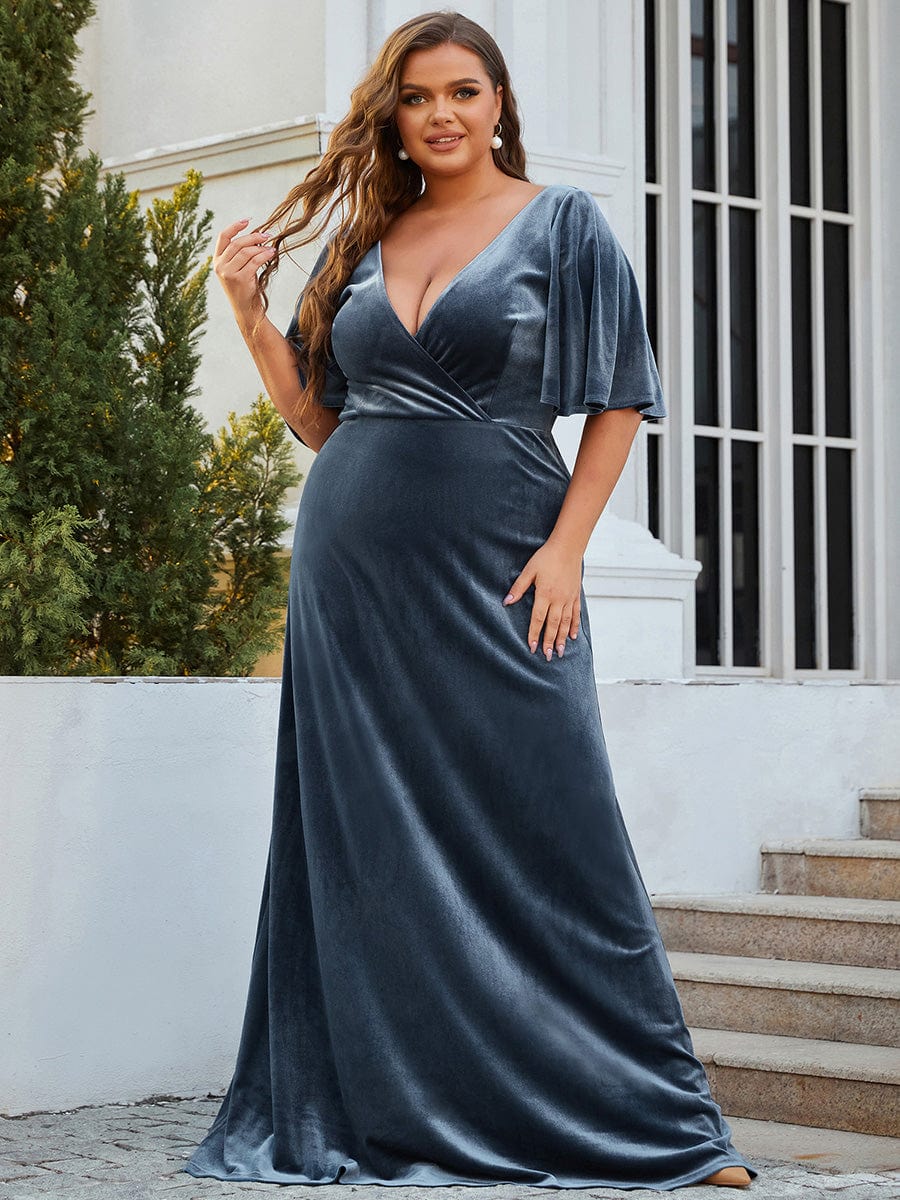 Vintage Plus Size Floor Length Velvet Evening Dress #color_Dusty Blue