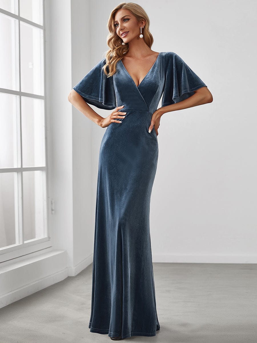 Vintage Plus Size Floor Length Velvet Evening Dress #color_Dusty Navy