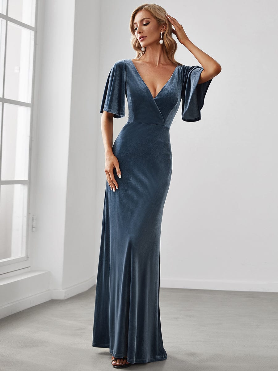 Elegant Double V Neck Velvet Party Dress for Women #color_Dusty Navy