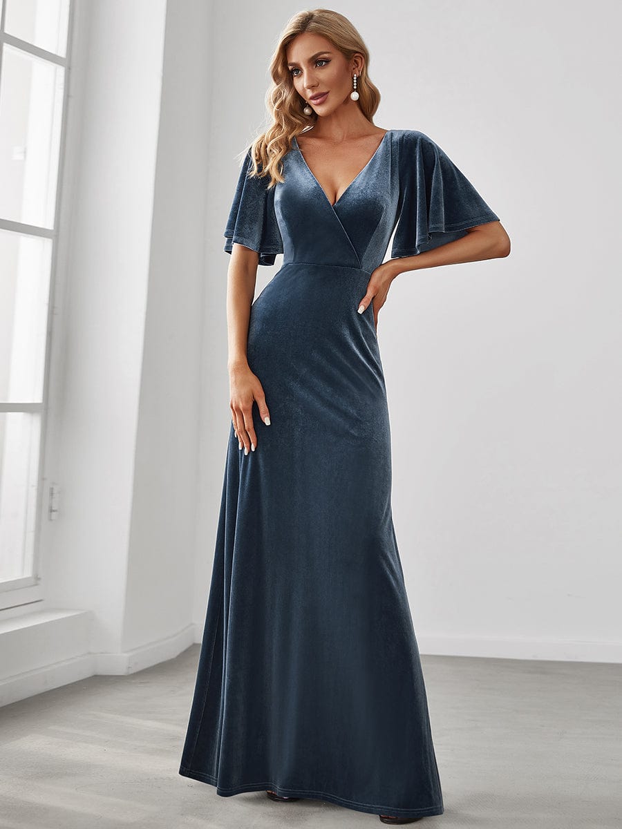 Elegant Double V Neck Velvet Party Dress for Women #color_Dusty Navy