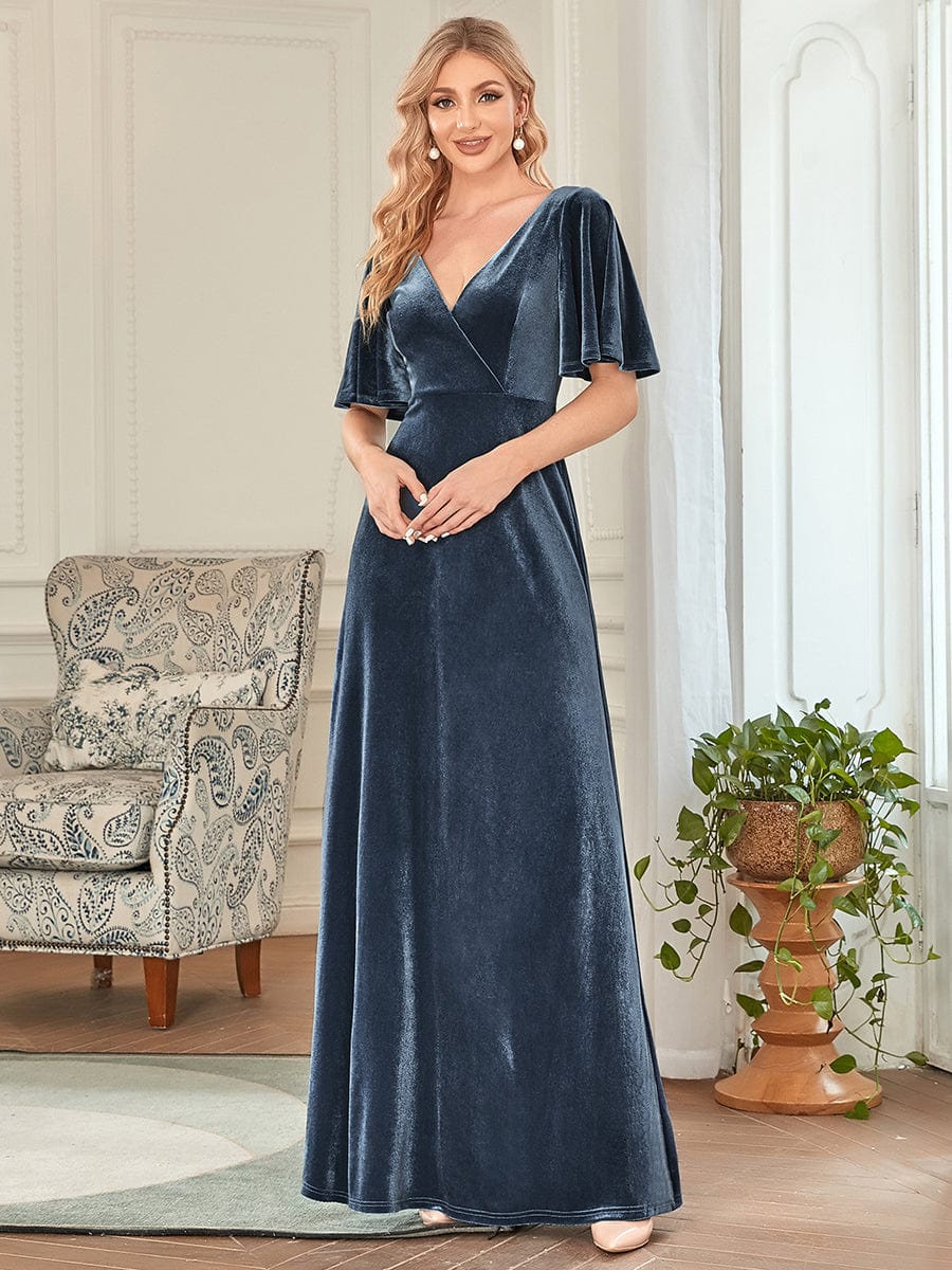 Custom Size Elegant Double V Neck Velvet Bridesmaid Dress #color_Dusty Blue