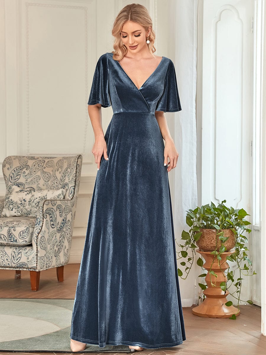 Custom Size Elegant Double V Neck Velvet Bridesmaid Dress #color_Dusty Blue