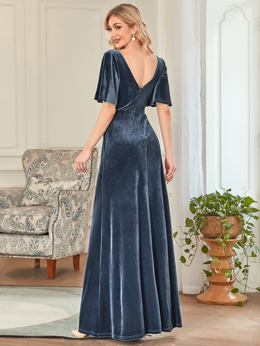 Custom Size Elegant Double V Neck Velvet Bridesmaid Dress #color_Dusty Blue